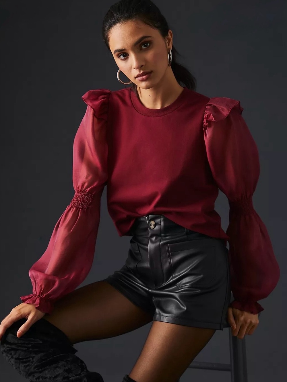 Anthropologie English Factory Burgundy Puff-Sleeve Blouse Medium